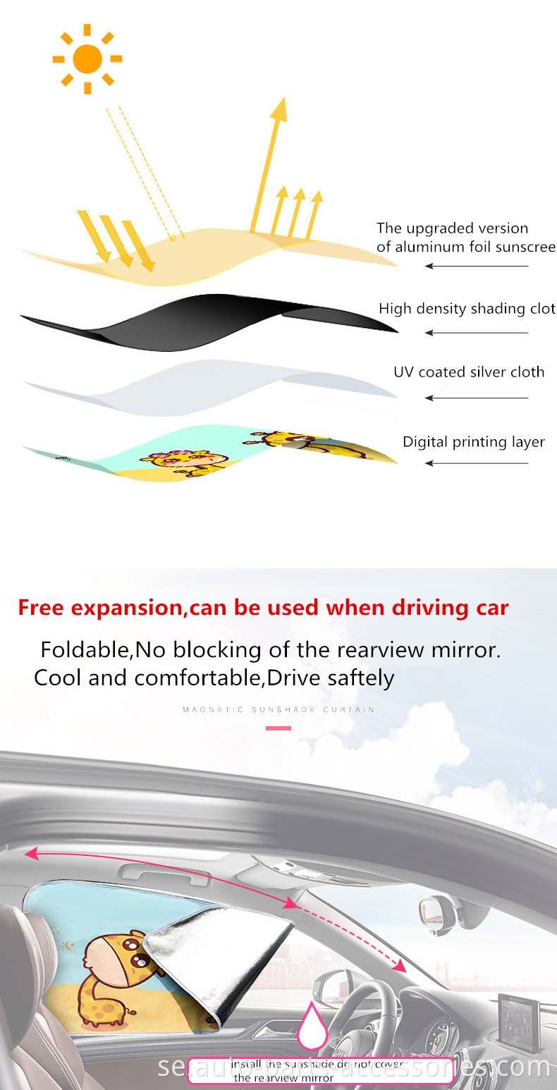 Senaste ankomst 190t icke-vävd PVC-belagd solsken Isolering Cartoon Car Sunshade Cover Automatic
